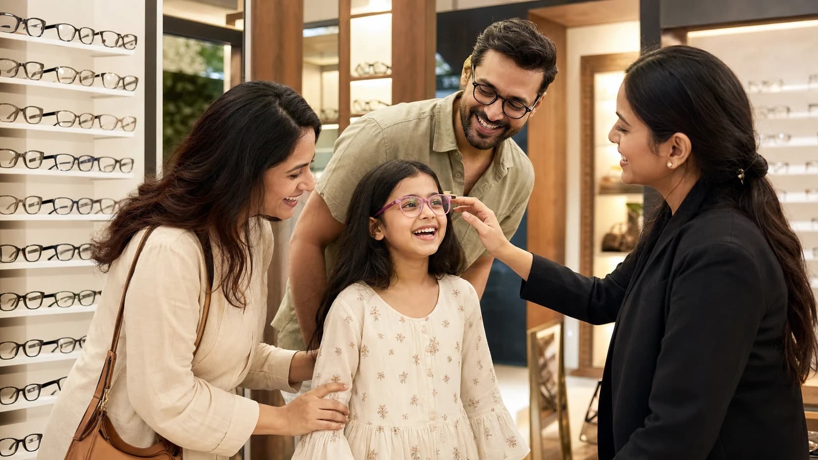An Indian family choosing eyewear with a Blinkpop stylist
