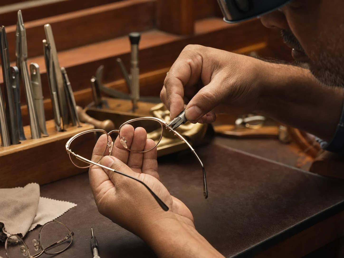 An Indian optician precisely adjusting a metal eyeglass frame
