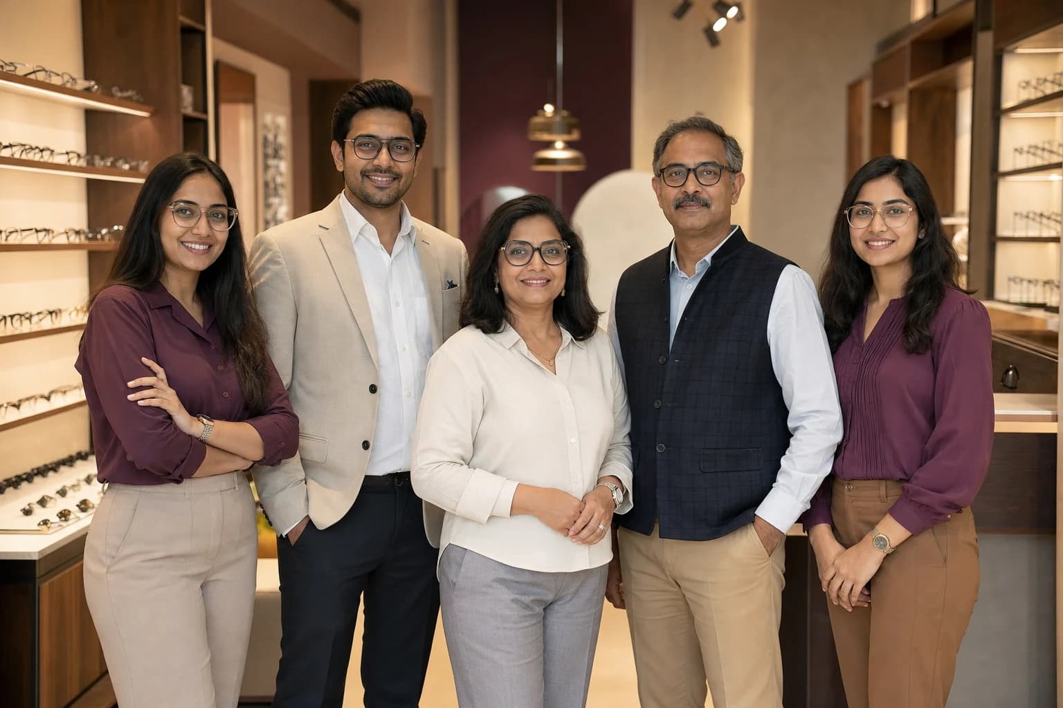 An Indian optical-store team welcoming customers