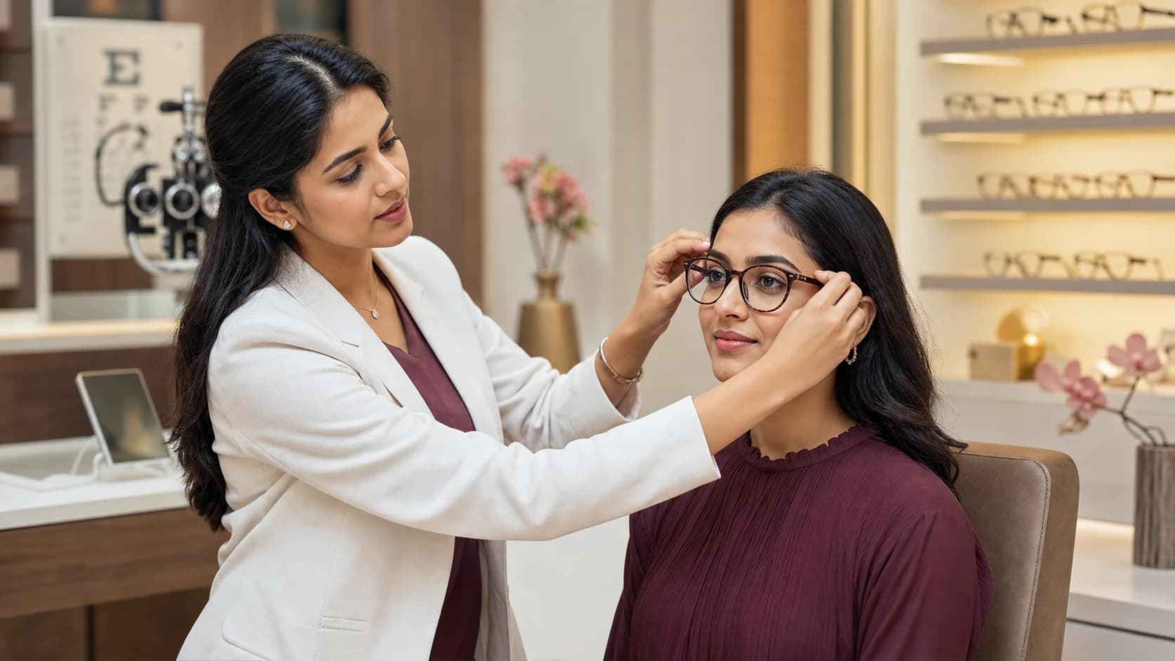 An Indian optometrist fitting a customer’s eyeglasses